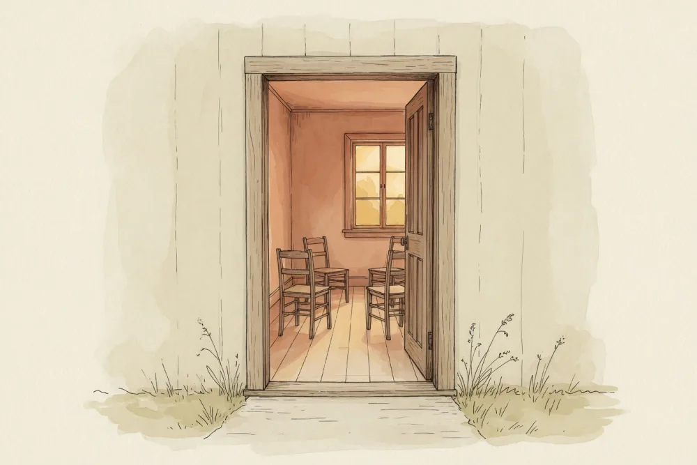 Watercolor of an open doorway with warm light and chairs inside