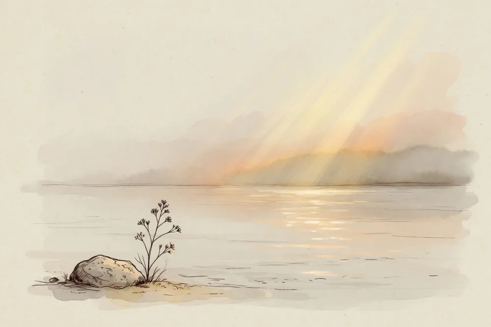 Watercolor of a lone reed by calm water as light breaks through the clouds