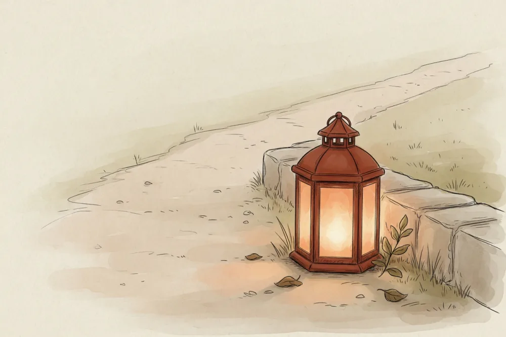 Watercolor of a lantern glowing softly beside a path