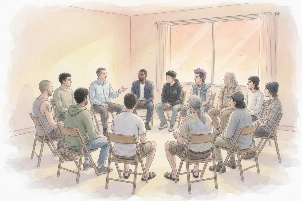 Watercolor of a men's meeting seated in a circle of chairs