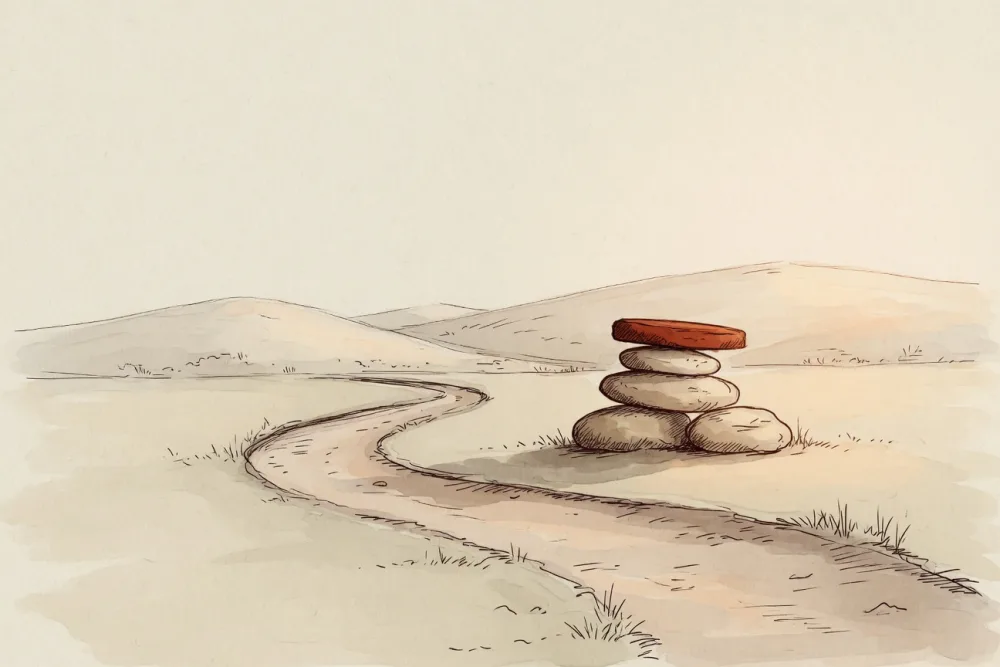 Watercolor of a winding path rising through soft hills